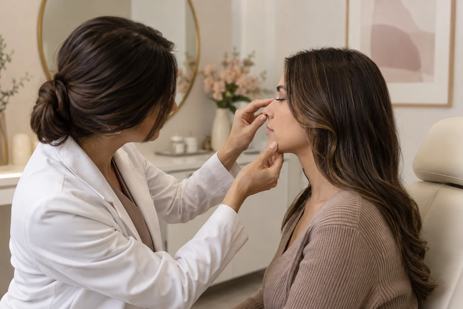 Una médica realiza una valoración nasal durante una consulta.