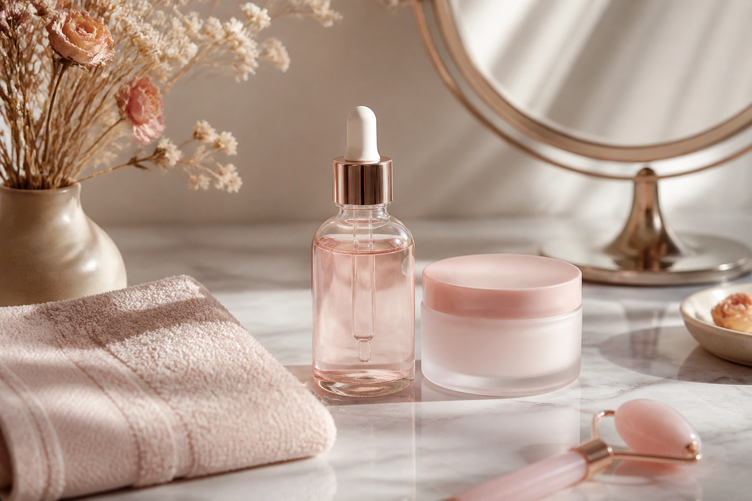 Facial care products arranged on a light-colored counter.