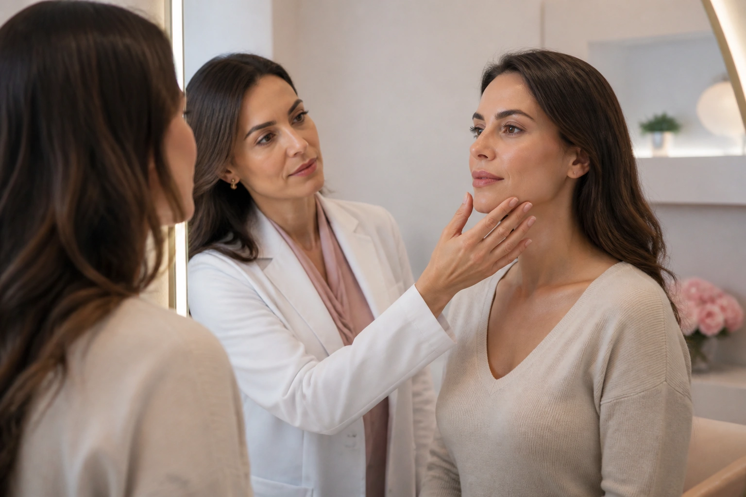Consulta de planejamento facial em ambiente médico acolhedor.
