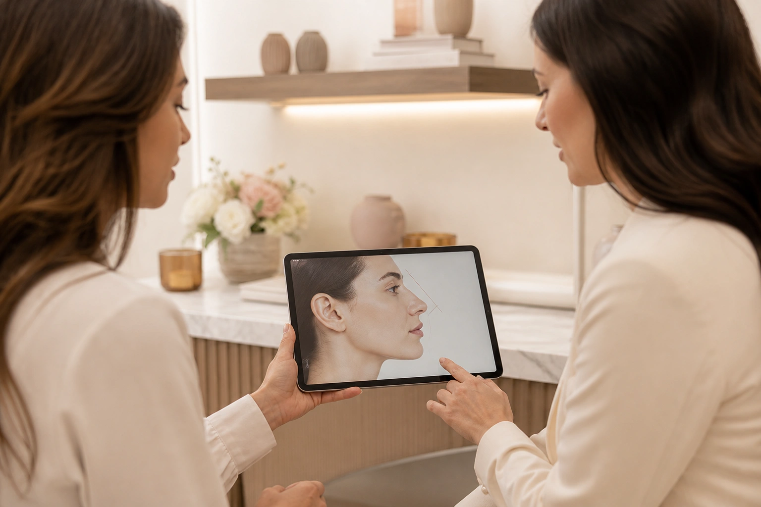 Profesionales revisan una planificación facial en una tableta.