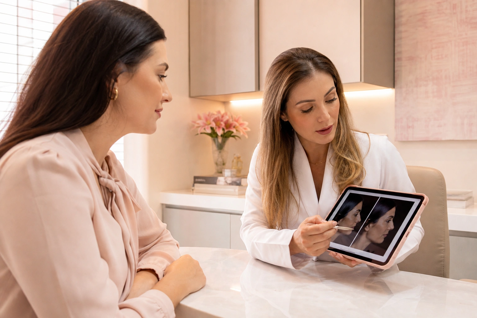 Planejamento facial apresentado em tela durante consulta.