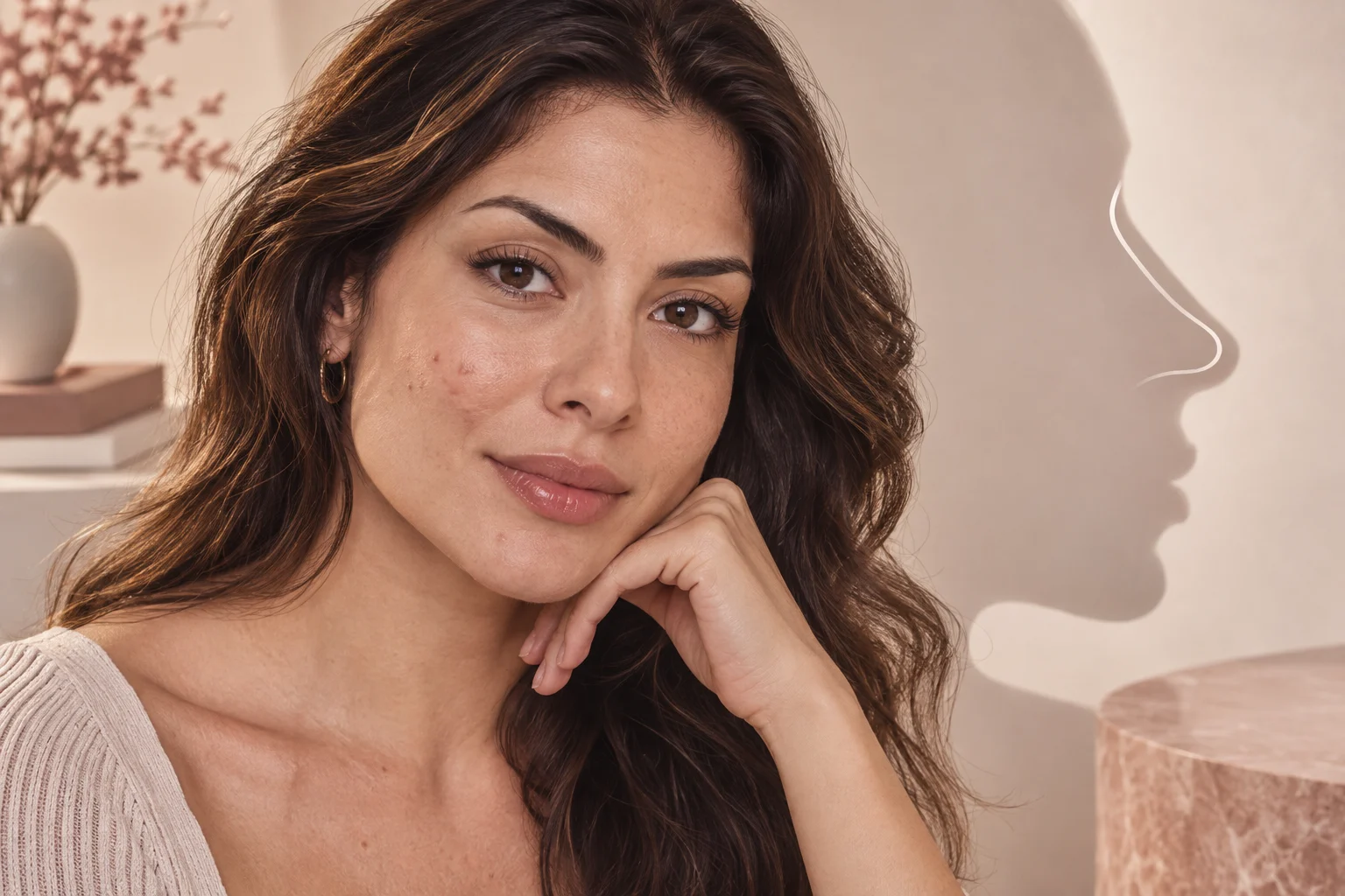 Una mujer adulta con textura de piel natural en retrato editorial.