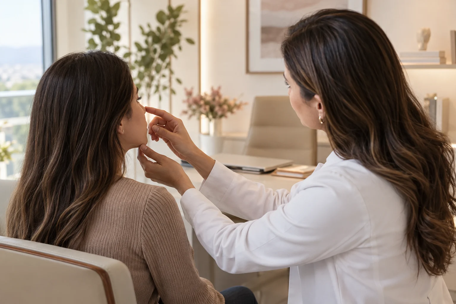 Una médica realiza una valoración nasal durante una consulta.