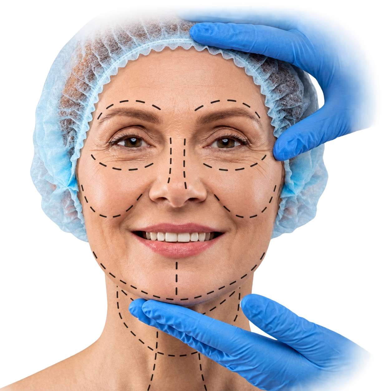 Paciente com marcações faciais para planejamento de cirurgia Deep Plane