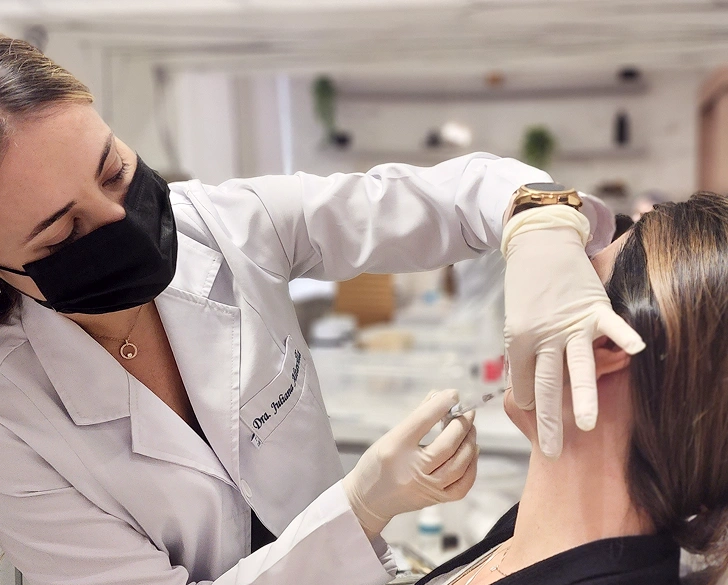 Dra. Juliana Altavilla realizando una evaluación facial a una paciente.