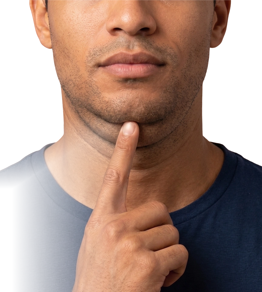 Man points to the fat beneath his chin