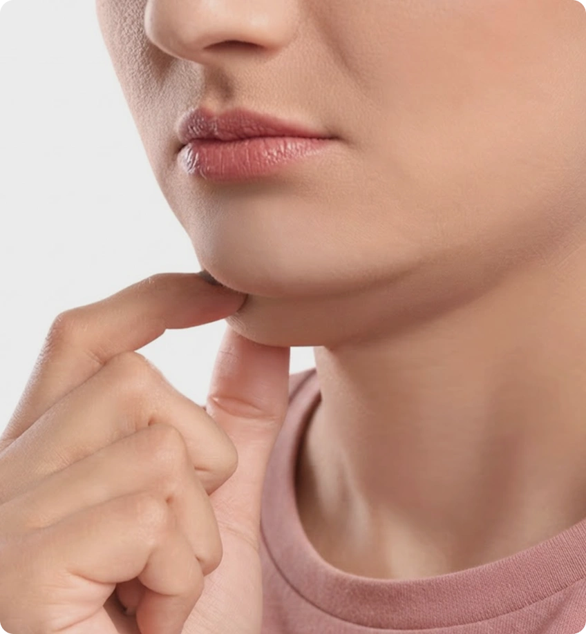 Patient gently touches the area beneath her chin