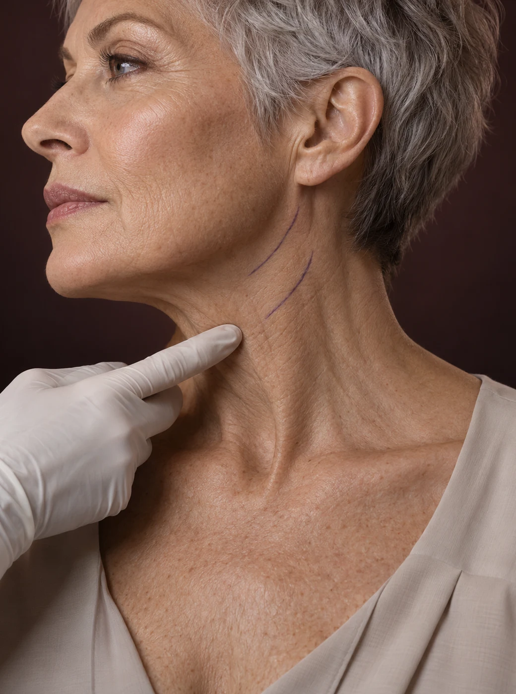 Mulher madura de perfil com marcações no pescoço e mão com luva indicando a região, sobre fundo vinho escuro.
