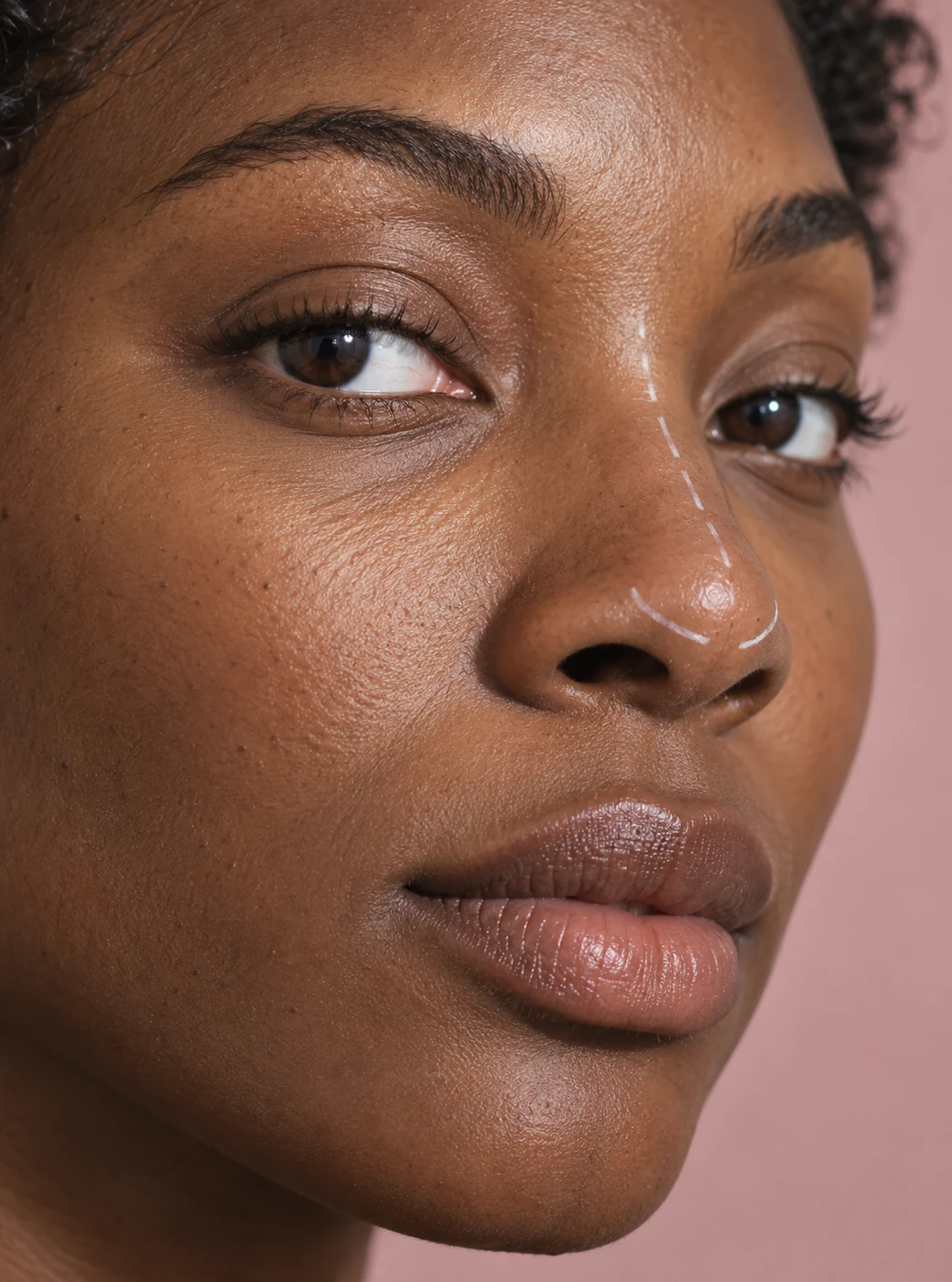 Close de olhos e nariz de mulher com marcação branca no dorso nasal, sobre fundo rosa suave.