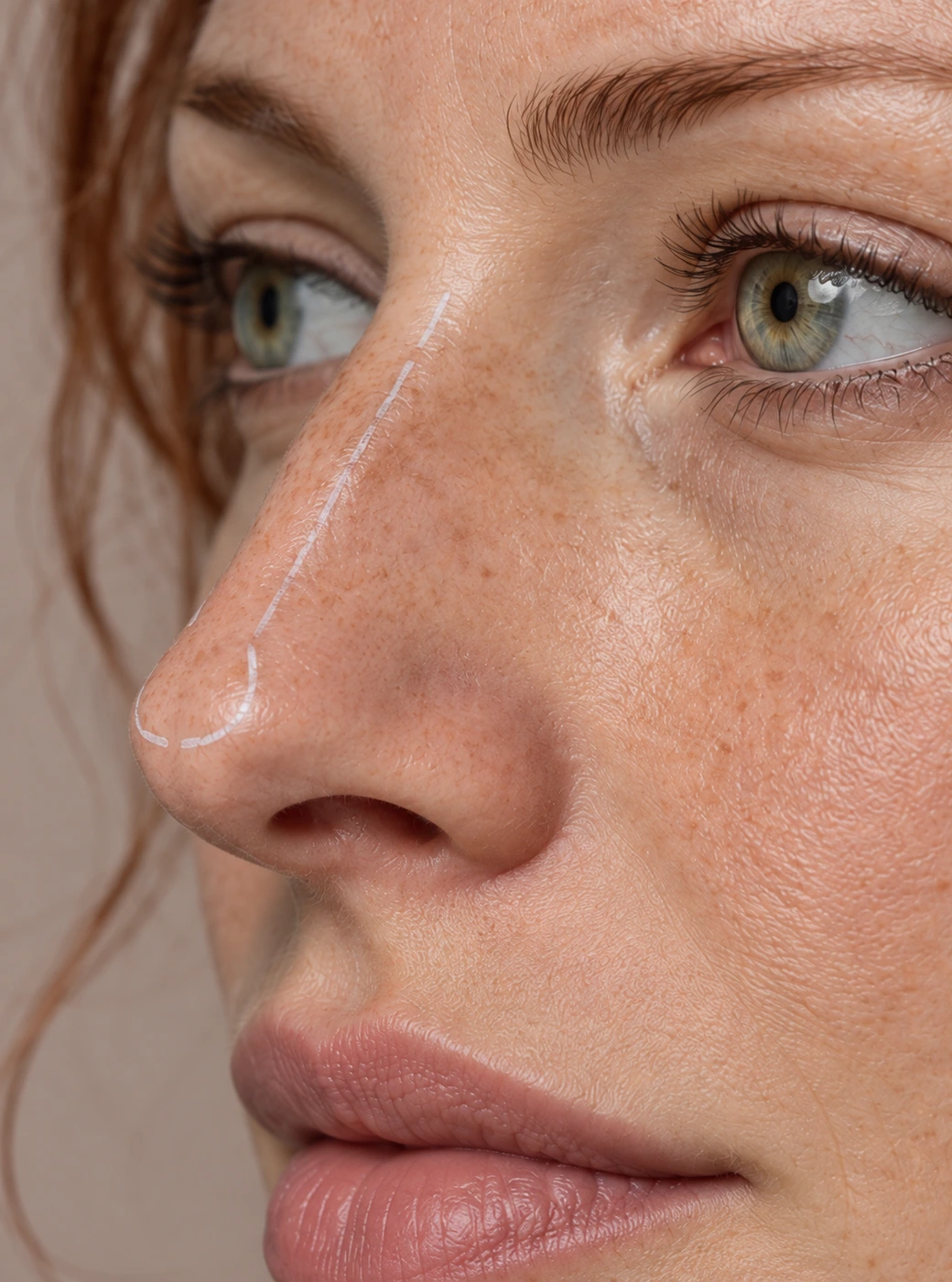 Close do nariz e dos olhos de mulher ruiva com sardas e marcação branca no dorso nasal, sobre fundo taupe.